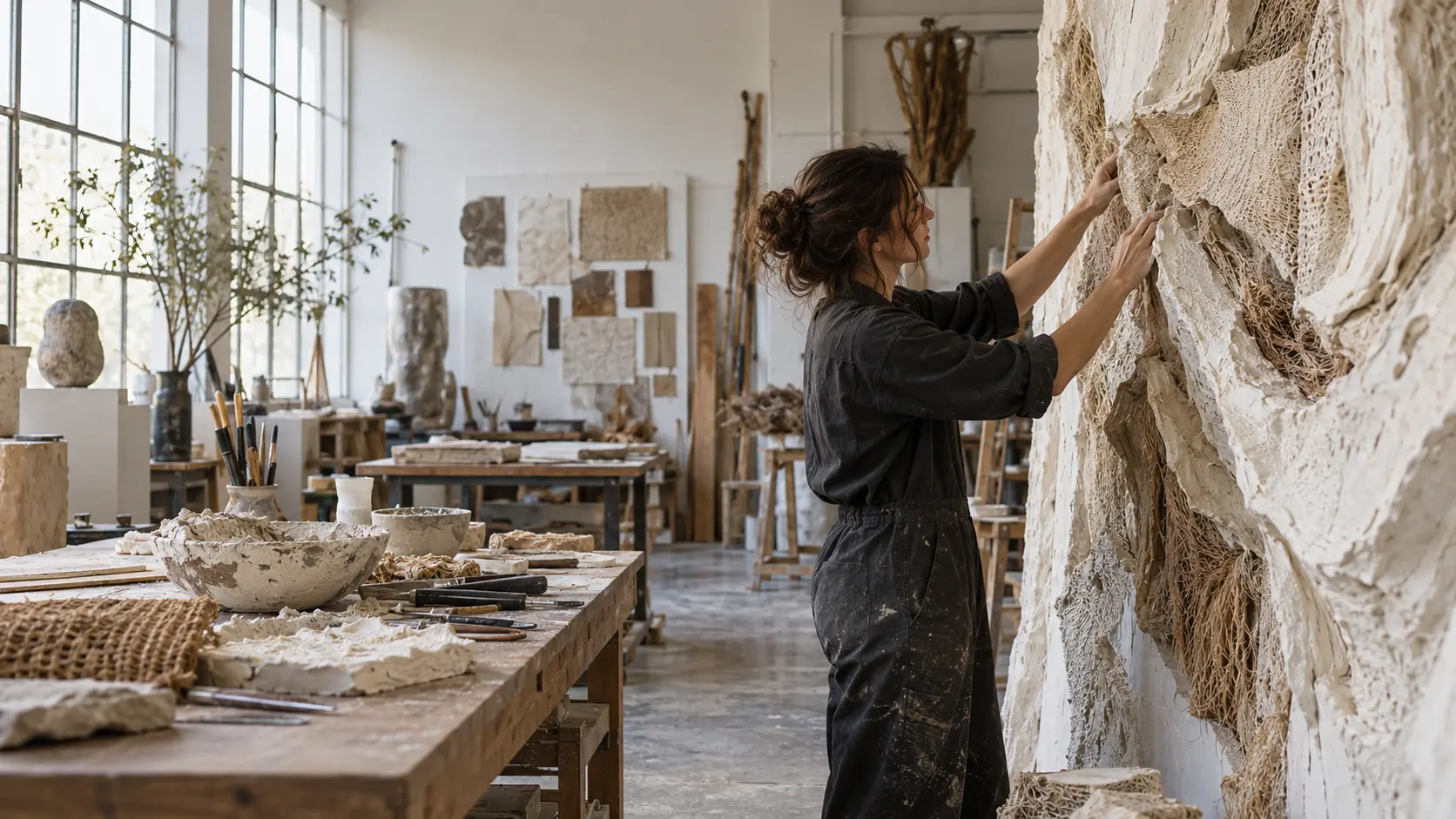 Artist developing a sculptural wall artwork in the studio